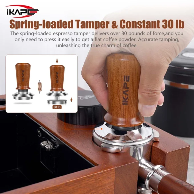 IKAPE Spring Loaded Calibrated Tamper Wooden Handle (49/51/53.3/58.5mm)