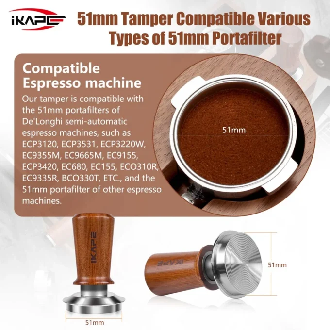 IKAPE Spring Loaded Calibrated Tamper Wooden Handle (49/51/53.3/58.5mm)