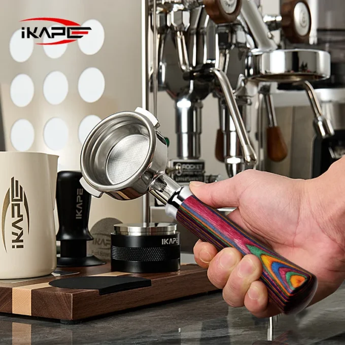 IKAPE Bottomless Portafilter — Rainbow Wood Handle (51/54/58mm)