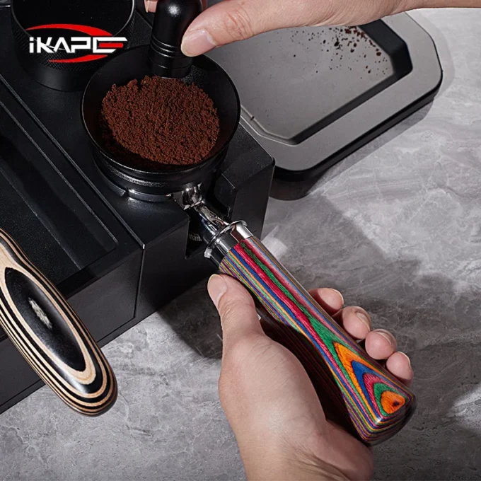 IKAPE Bottomless Portafilter — Rainbow Wood Handle (51/54/58mm)