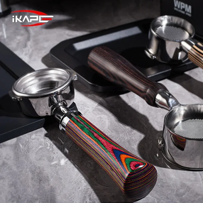 IKAPE Bottomless Portafilter — Rainbow Wood Handle (51/54/58mm)
