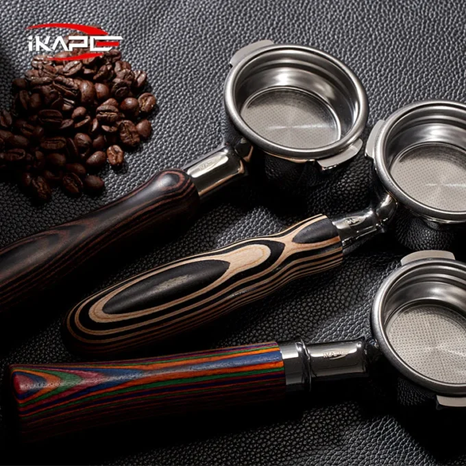 IKAPE Bottomless Portafilter — Rainbow Wood Handle (51/54/58mm)