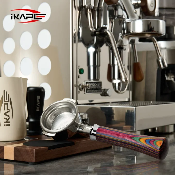 IKAPE Bottomless Portafilter — Rainbow Wood Handle (51/54/58mm)