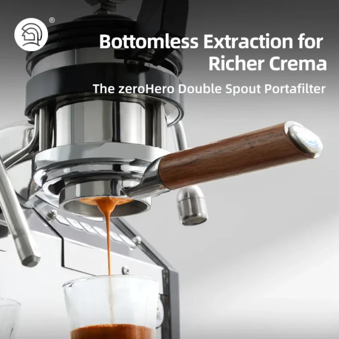 ZeroHero 58mm Double Spout Portafilter — SUS304 Walnut