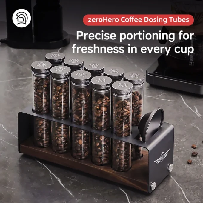 ZeroHero Single Dose Bean Cellar — 10 PCTG Tubes with Wood Stand