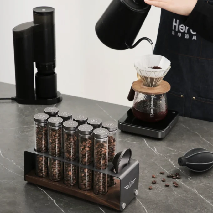 ZeroHero Single Dose Bean Cellar — 10 PCTG Tubes with Wood Stand